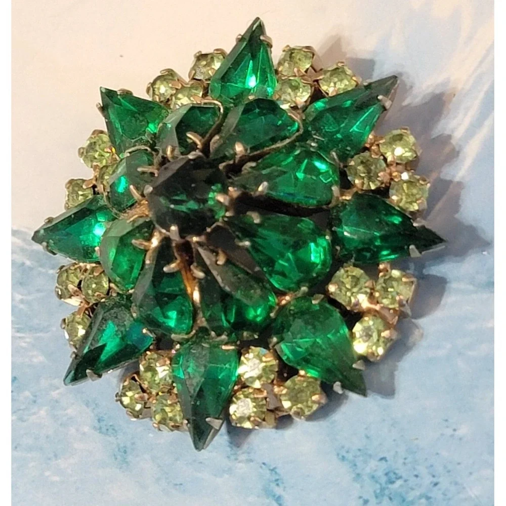 Vintage Large Green Rhinestone Brooch Pin, Mid-Century Layered Sparkly Glass